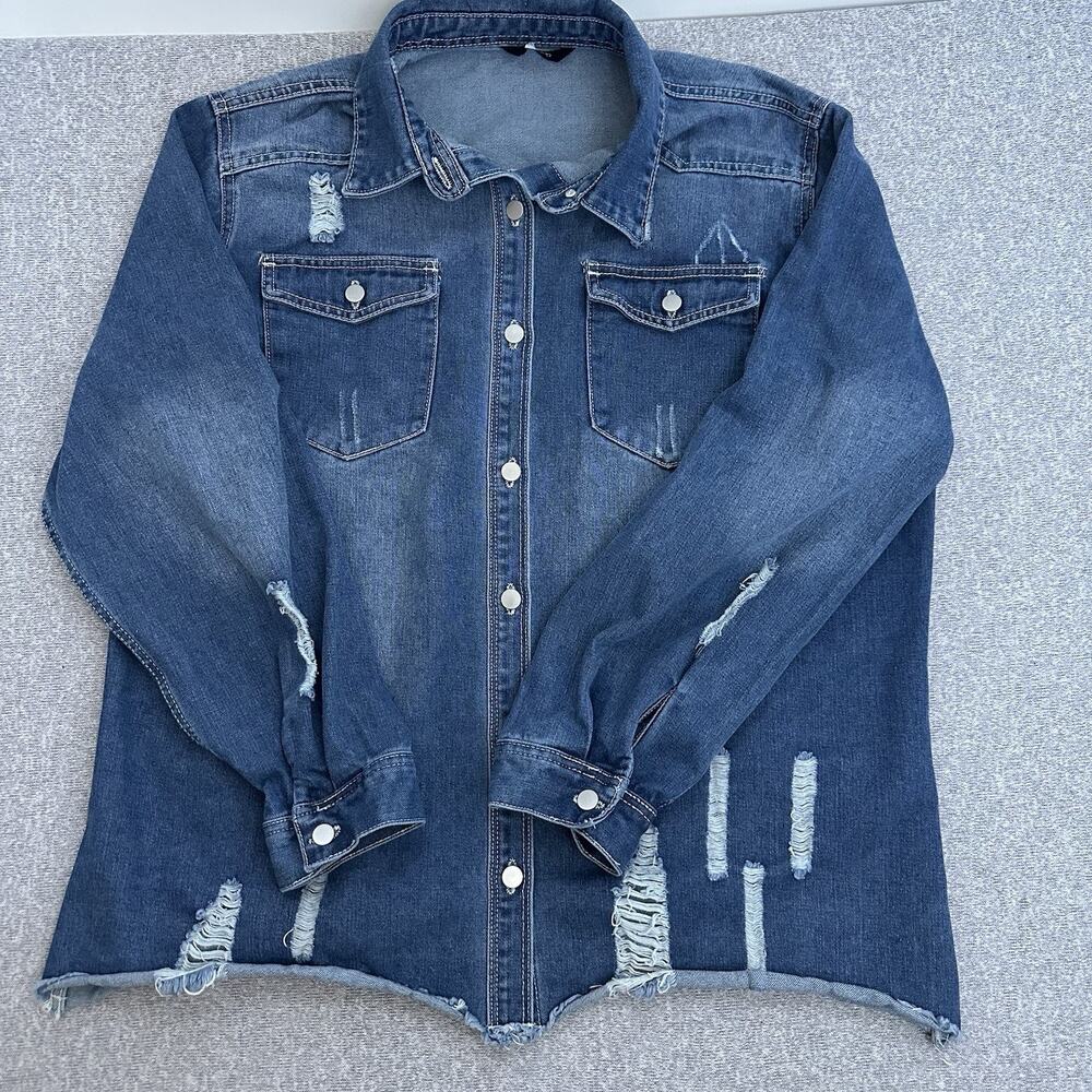 Dokotoo Women's Long Sleeve Denim Jeans Shirt Jacket Size 2XL Blue Distressed